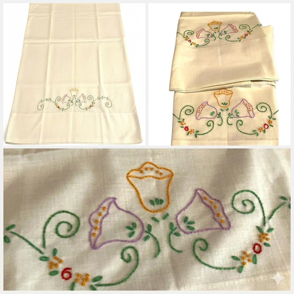 Vintage Pair Hand Embroidered Floral Pillowcases Standard Size Cottagecore Boho